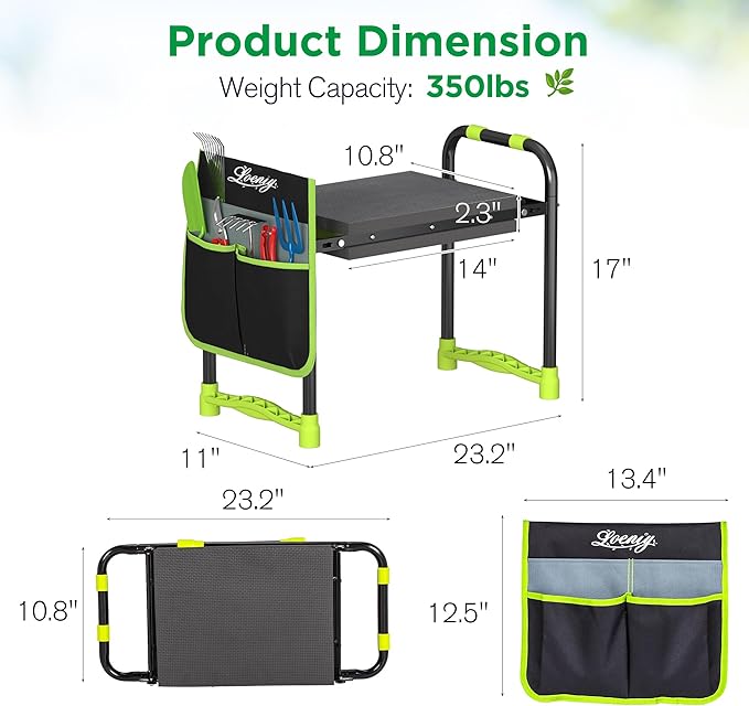 10.8” Wide Garden Kneeler and Seat, Heavy Duty Foldable Gardening Stool with Tool Belt Pouch, Portable Gardening Bench Chair for Seniors & Parents, Non-Slip & Easy Grip Design