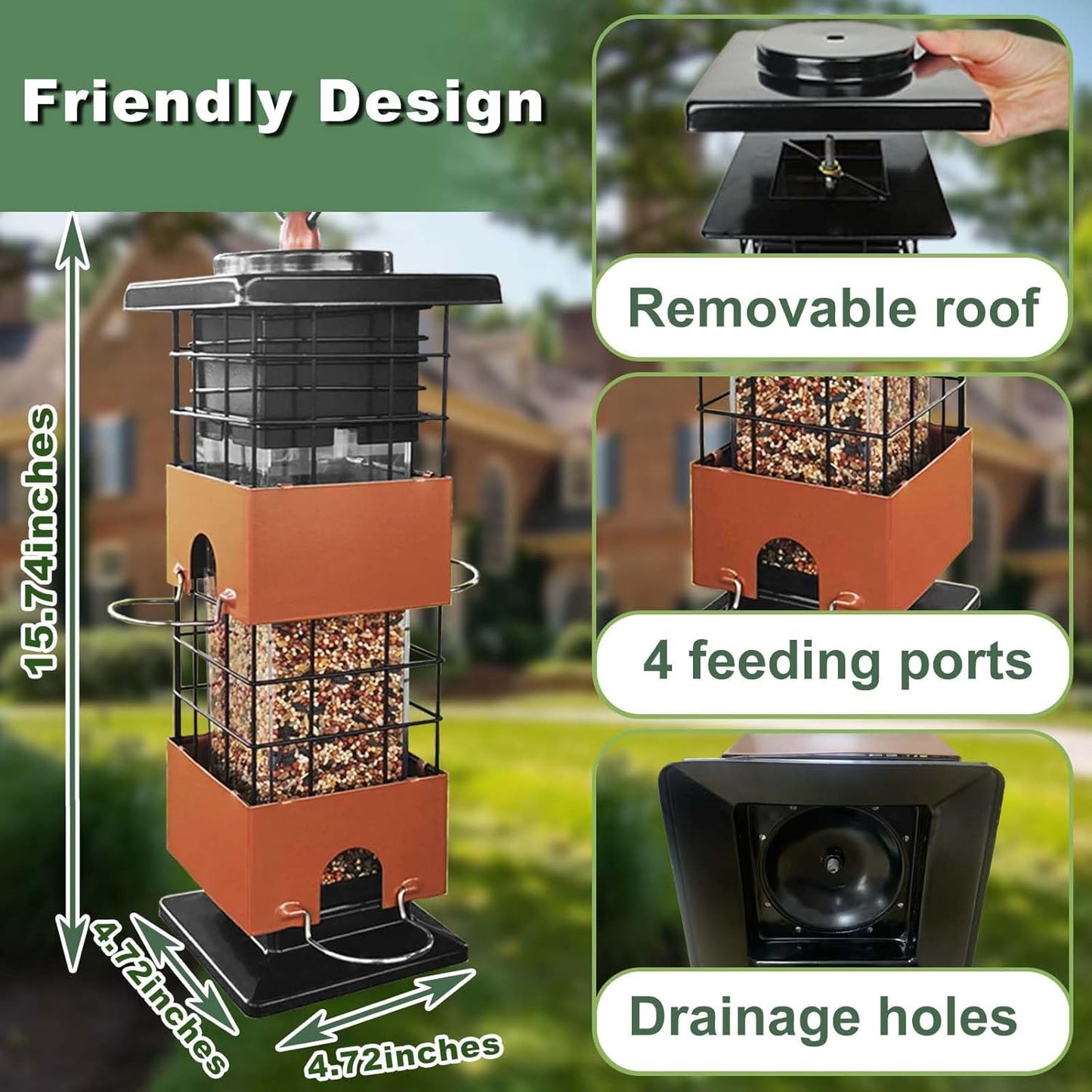 Squirrel Proof Bird Feeder, 3Lbs Bird Feeders for Outdoors Hanging, Metal Anti-Squirrel Birds Feeder with 4 Feeding Ports, Wild Birds Feeder for Cardinal, Finch, Sparrow (Brown)