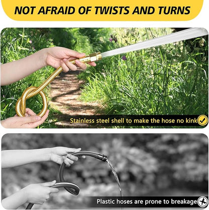 Short Metal Garden Hose 3 ft – 304 Stainless Steel Water Hose Leader, Flexible Hose Extension, Small Lightweight Hose Extender,No Kink Outdoor Hose (Gold,3 ft)