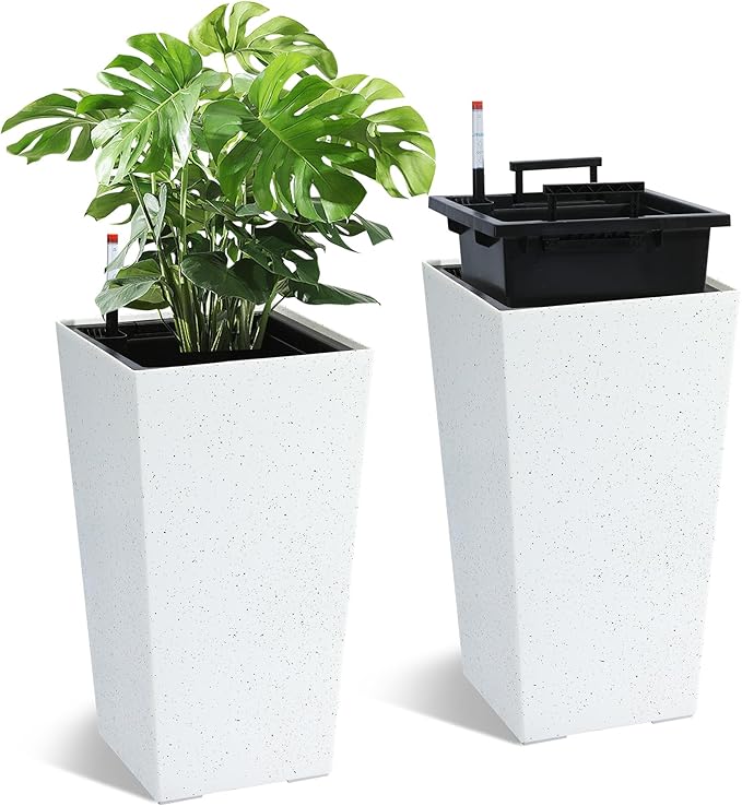 GarveeLife 22.5" Tall Planters Set of 2, Outdoor&Indoor Black Planter Pots, High Front Porch Planter Pots With Drainage Holes&Water Level Monitor&Inner Bucket, Automatic Watering, White and Black Dots