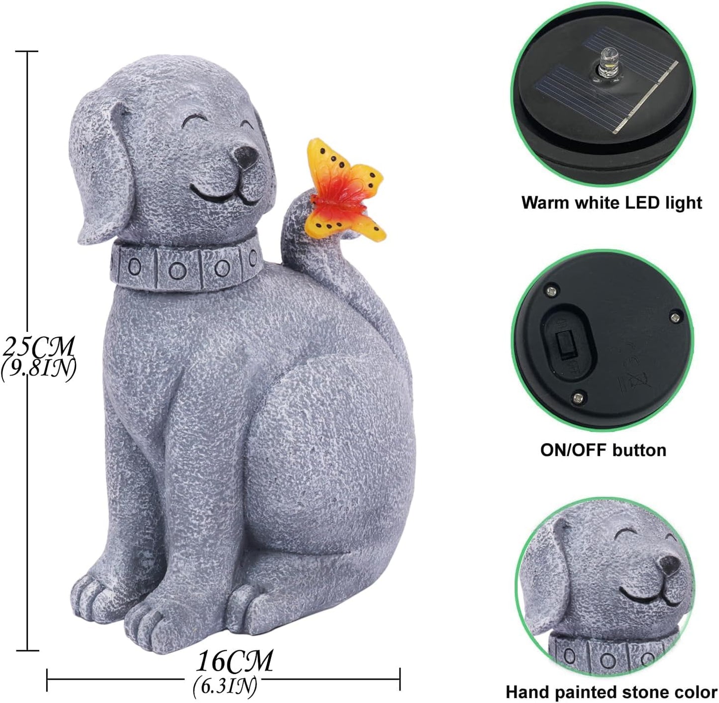 Solar Garden Statue Dog Figurine- Garden Art with Butterfly Light, Art Dog Sculpture for Patio,Balcony,Yard, Lawn-Unique Housewarming Gift for Mom Grandma