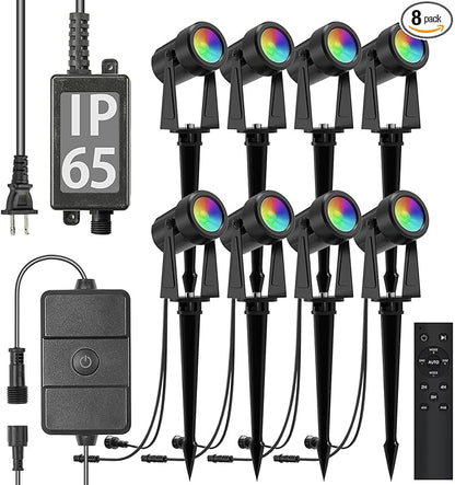 SUNTHIN Outdoor Landscape Lighting with Remote, RGBW Color Changing Spot Uplights, 8 Pack