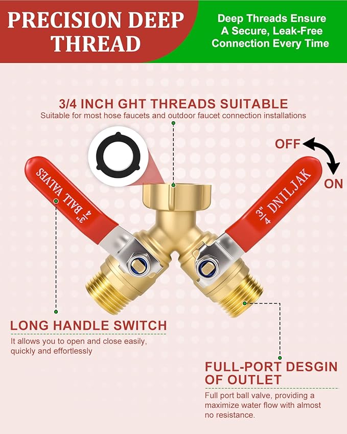 Garden Hose Splitter Way Heavy Duty, Brass Water Hose Splitter With 304 Stainless Steel Long Handle, 3/4 Inch GHT Thread Hose Y Splitter With Shutoff Hose Splitter Adapter (Include Teflon Tape)