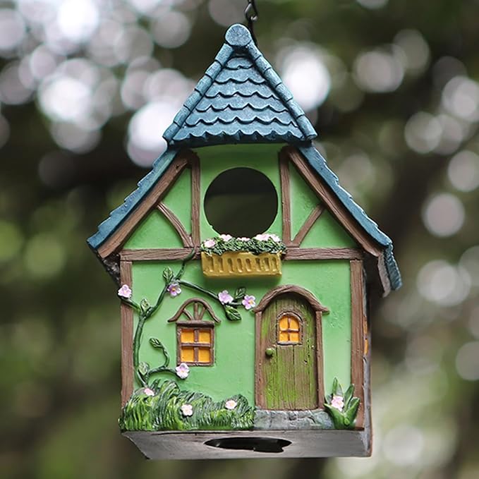 Cottage Garden Birdhouse – Green Resin Outdoor Decorative Bird House with Flower and Stone Details, Weatherproof for Backyard or Porch