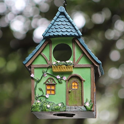 Cottage Garden Birdhouse – Green Resin Outdoor Decorative Bird House with Flower and Stone Details, Weatherproof for Backyard or Porch