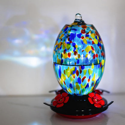Muse Garden Glass Humming Bird Feeders for Outdoors - 27OZ Blown Glass Hummingbird Feeder - Unique Gift for Mom Women Grandparents, Outdoors Hanging Garden Decor, Ant Moat & Brush, Blue Polka Dots