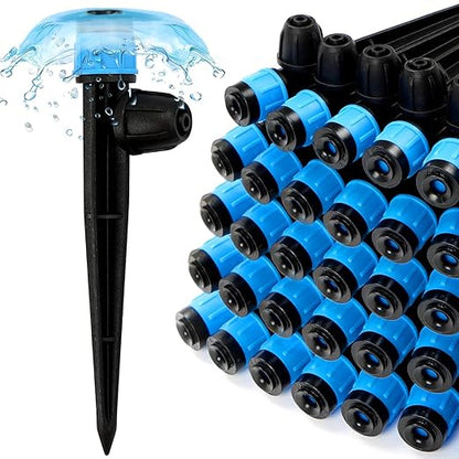 RedChili 25 Pieces Drip Emitters for 1/4" Drip Irrigation Tubing, Adjustable 360 Degree Vortex Drip Emitters with Stake 360° Full Circle Umbrella Shape Pattern Garden Irrigation Micro Drippers