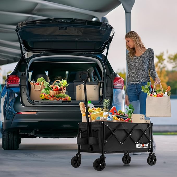 OVERMONT Collapsible Wagon with Tailgate - 220lbs Extended Lightweight Foldable Utility Wagons Folding Cart with Wheels - Small Garden Grocery Cart for Shopping,Grocery,Sports,Garden