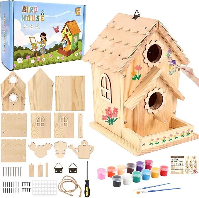 DIY Birdhouse Kit for Kids and Adults - Wooden Bird House Kit with Paint, Brushes, Glue, and Hanging Twine for a Hanging Birdhouse - Ideal Gift for Garden and Courtyard Outdoor Decor