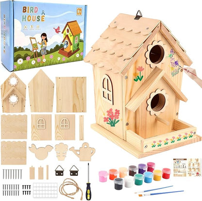DIY Birdhouse Kit for Kids and Adults - Wooden Bird House Kit with Paint, Brushes, Glue, and Hanging Twine for a Hanging Birdhouse - Ideal Gift for Garden and Courtyard Outdoor Decor