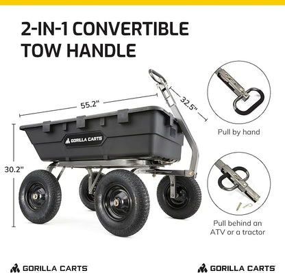 Gorilla Carts Heavy-Duty Poly Yard Dump Cart, 10 Cu Ft Tub, 1500 lb Haul Capacity, Black – Towable Utility Wagon with Quick-Release Dumping & Pneumatic Tires for Landscaping and Gardening