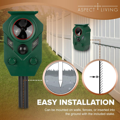 Solar Ultrasonic Animal Repeller Outdoor – Motion Sensor Activated Deer Repellent with Flashing Lights & Sound, IP65 Waterproof, Deterrent for Cats, Dogs, Raccoons, Skunks, Birds