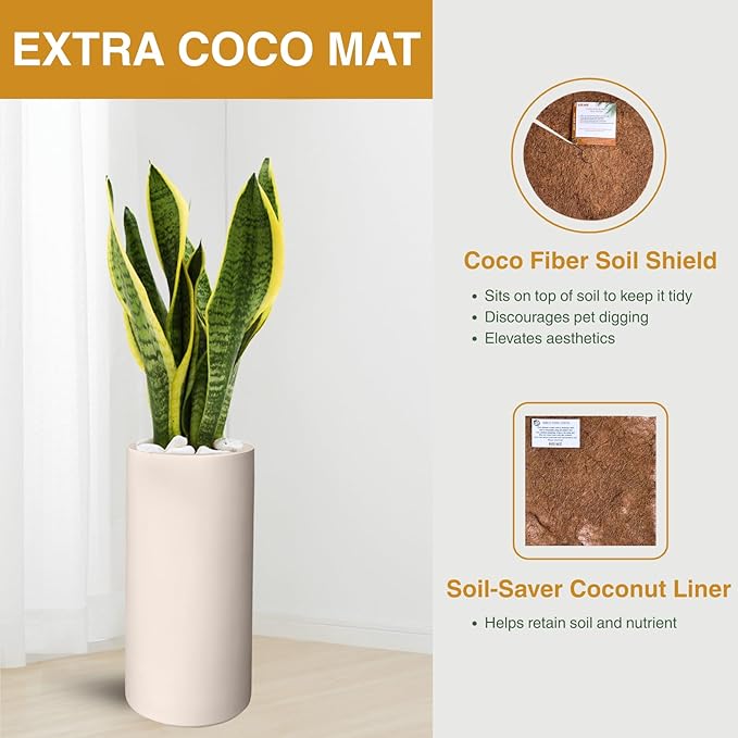 19.5" H x 9.8" D Tubo Fiberstone Cylinder Tall Planter with Drainage Hole, Smooth Finishes, for Indoor and Outdoor Use, Included 2 Extra Coco Mats (Kilim Beige, 8.2" Pot Opening)