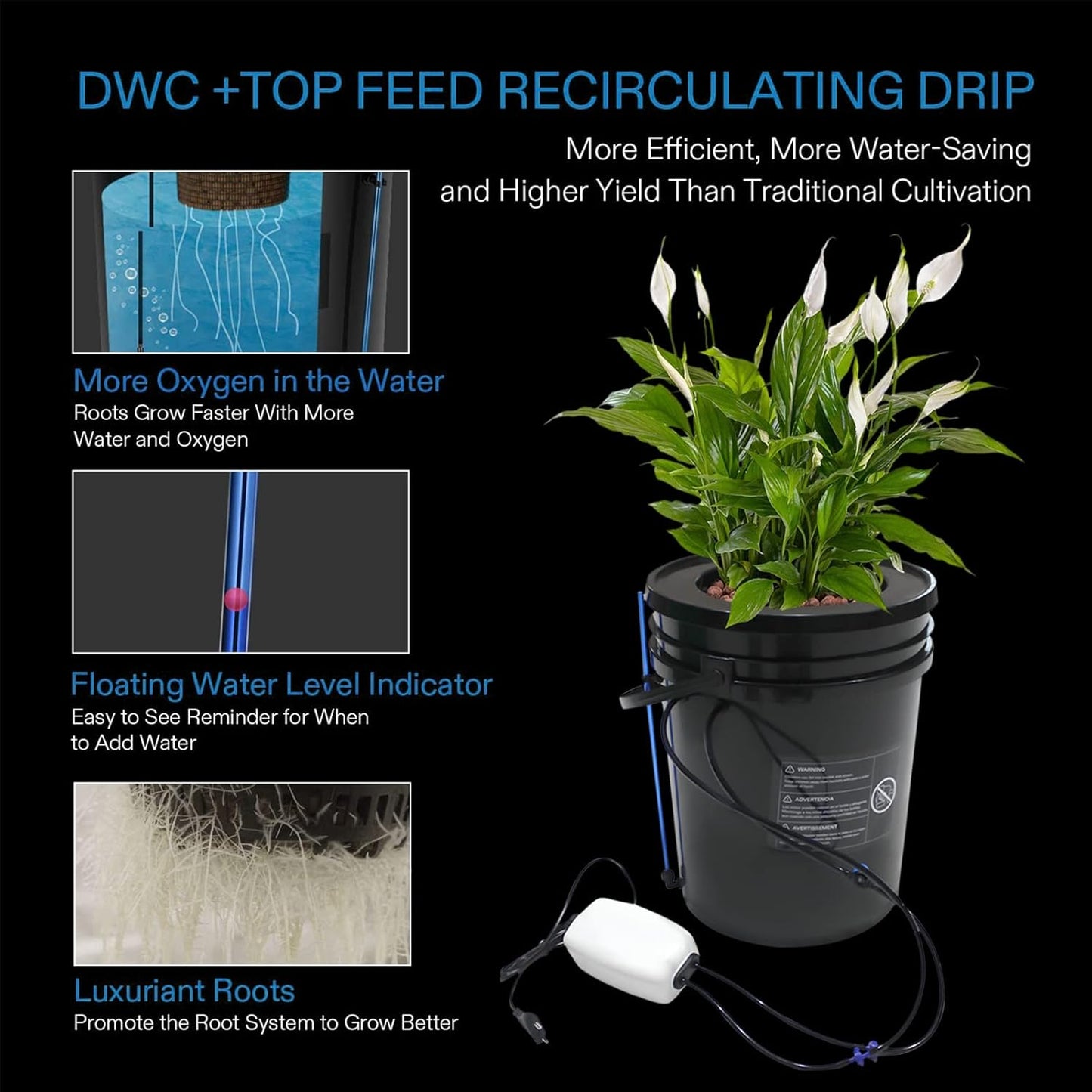 DWC Hydroponics Growing Bucket, Self-Watering Plant Grower, Indoor Garden with Air Pump, Includes Clay Pebbles and 5 Gallon Bucket for Vegetables, Flowers