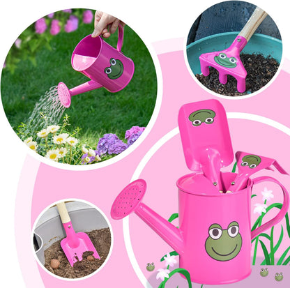 Sungmor Small Watering Can Set Cute Little Gardener Kit | Package Includes 3PC Rose Red Frog Watering Can & Trowel & Rake Gardening Hand Tools | Perfect for Garden,Yard or Beach