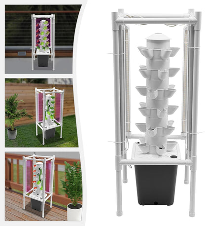 Vertical Hydroponic Tower Growing System,6Tiers 30Pods Home Hydronic Garden Kit with Water Pump&LED Light,Water Circulation Plants Germination System for Indoor Herbs Fruits & Vegetable (grey)