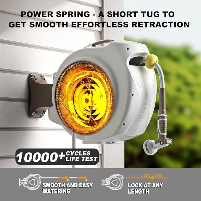 Retractable Garden Hose Reel, 1/2 in 75+6ft, Heavy Duty Wall Mounted Water Hose Reel, Spring power Automatic Rewind, Any Length Lock, 180° Swivel Bracket, 10 Pattern Spray Nozzle