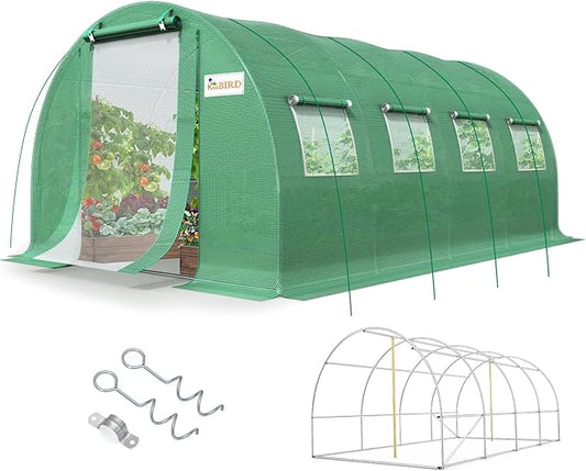 KING BIRD Premium 20x10x6.6FT Greenhouse for Outdoors, Large Walk-in Upgraded Galvanized Metal Frame, Mesh Door Screen Window Improved Zipper Tunnel Hoop for Garden Plant Winter, 2 Stiffeners, Green