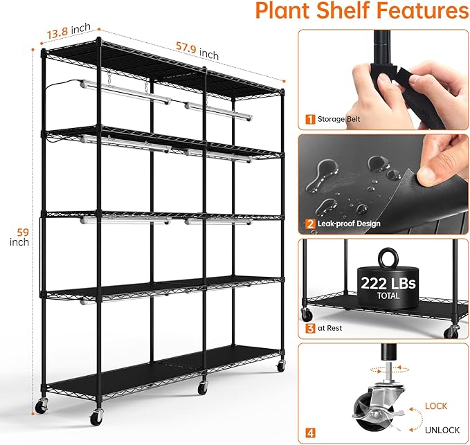 Bstrip 5-Tier Corner Plant Stand with Grow Lights, Large L-Shaped or Long Shape Indoor Plant Shelf, 8 Pack 192W T8 Full Spectrum Grow Lights for Indoor Plants & Seed Starting (58L x 13.8W x 59H)