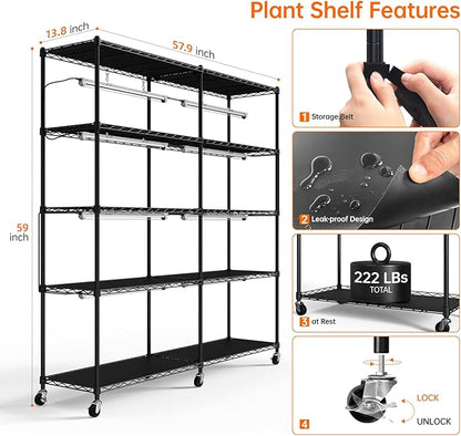 Bstrip 5-Tier Corner Plant Stand with Grow Lights, Large L-Shaped or Long Shape Indoor Plant Shelf, 8 Pack 192W T8 Full Spectrum Grow Lights for Indoor Plants & Seed Starting (58L x 13.8W x 59H)