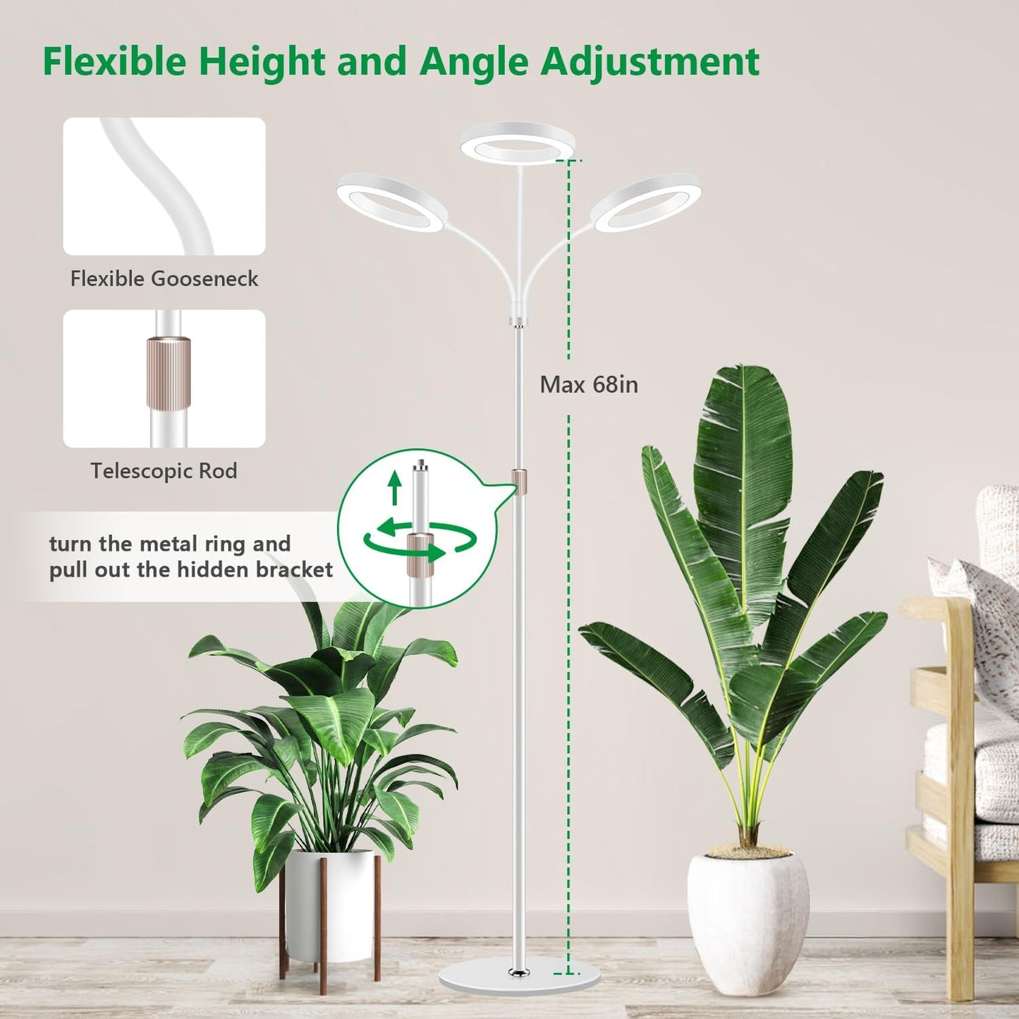 Grow Lights for Indoor Plants, 3 Head Full Spectrum Plant Light with 68" Adjustable Stand for Growing Large Tall Plants, White Halo Floor LED Grow Lamp with 16 Hour Timer
