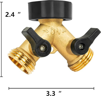 2 Pack Brass Garden Hose Splitter 2 Way, Hose Y Splitter 3/4 Inch Heavy Duty Brass Hose Connector Tap Splitter, Hose Spigot Adapter 2 Valves with Rubber Washers