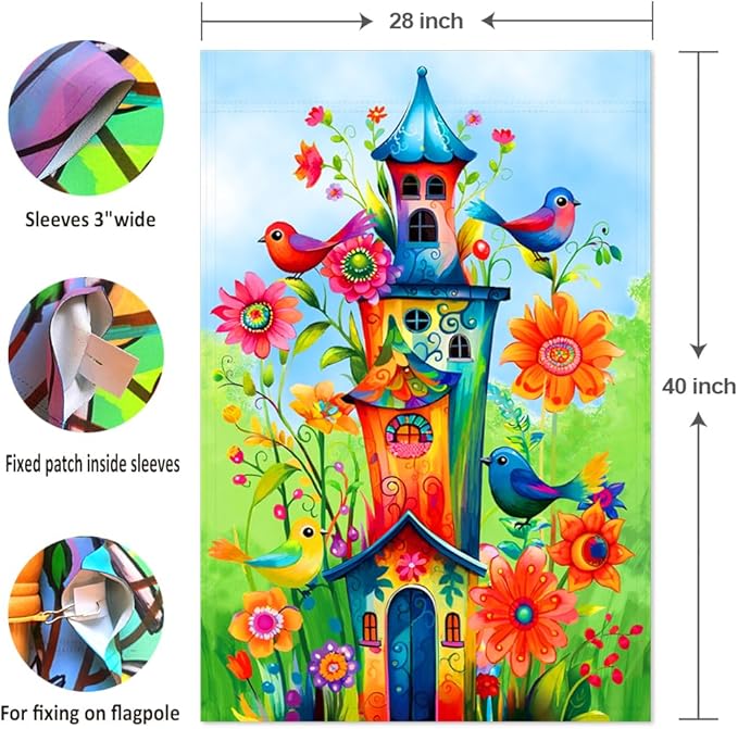 Whimsical Bird House Flags 28x40 Double Sided Welcome Large Garden Flag Holiday Yard Outdoor Decoration