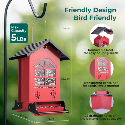 Squirrel Proof Bird Feeders for Outdoors Hanging, 5LBS Large Capacity, Metal Wild Seed Feeder with Bilateral Weight-Activated Perches, Anti Squirrel Birdfeeder for Outside Finch, Cardinal- Red