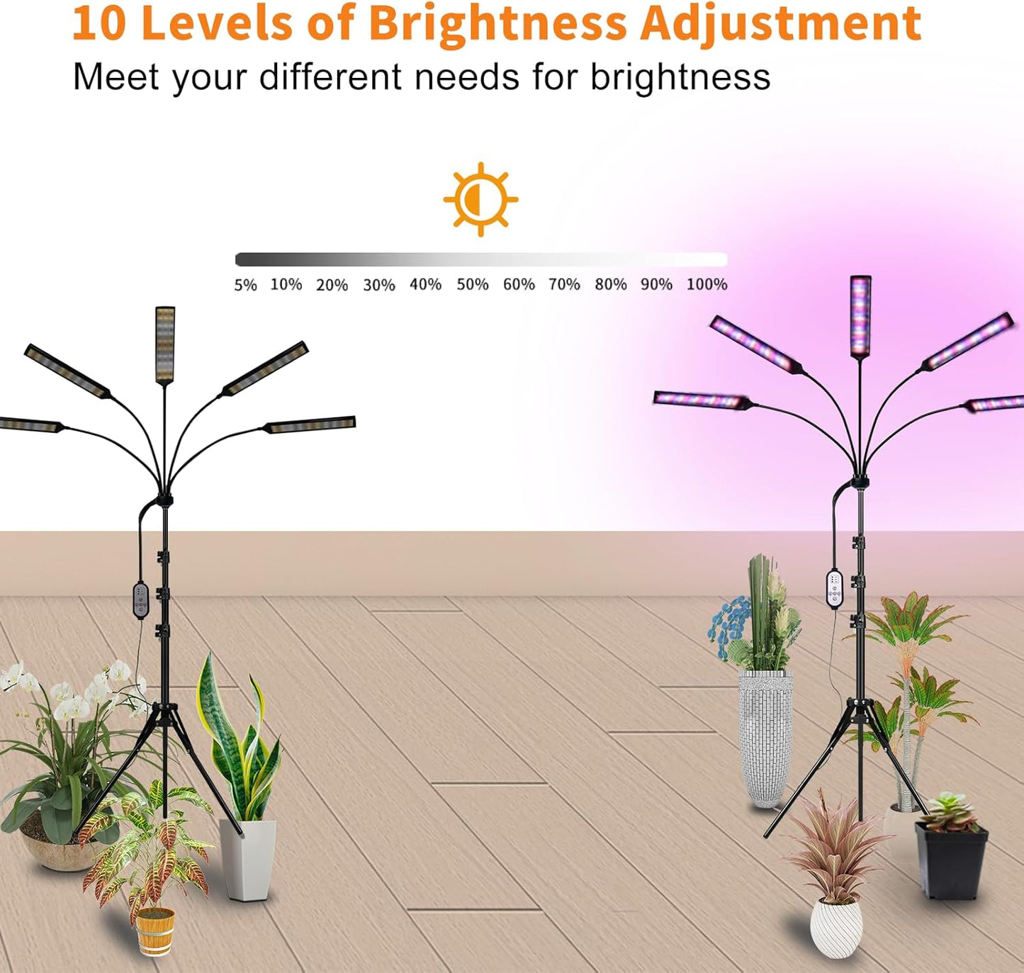 Grow Lights for Indoor Plants Full Spectrum, 5 Heads LED Plant Light with Auto On/Off Timer, 10-Level Dimming & Adjustable Stand for Houseplants, Home Gardeners