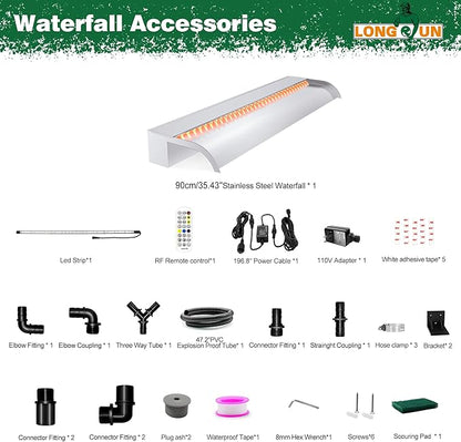 Waterfall Pool Fountain, LONGRUN Stainless Steel Waterfall Spillway for Pools and Ponds - 35.4" Wide Decorative Water Feature for Swimming Pools, Koi Ponds, and Garden