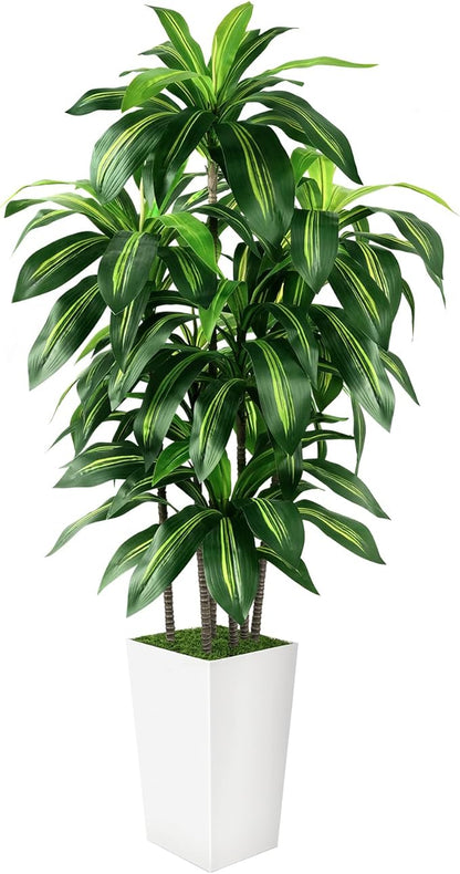 Artificial Dracaena Tree Indoor, 6FT Tall Fake Tree with White Tall Planter, Artificial Trees Fake Yucca Potted Tree for Home Office Living Room Decor，Tall Artificial Plant for Housewarming