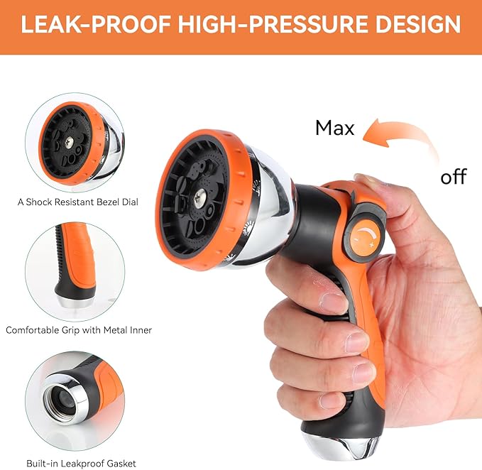 Garden Water Hose Nozzle Metal Heavy Duty Sprayer Thumb Control with 10 Spray Modes Suitable for Watering Plants, Iawn and Garden, Car Washing, Cleaning, Showering Pets and Outdoor Fun, Orange