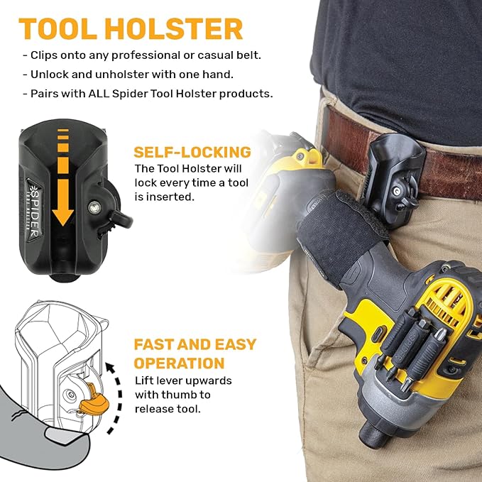 Spider Tool Holster - Improve The Way You Carry Your Power Drill, Driver, Multitool, Pneumatic, Multi-Tool and More on Your Belt - Compatible With All Major Tool Brands