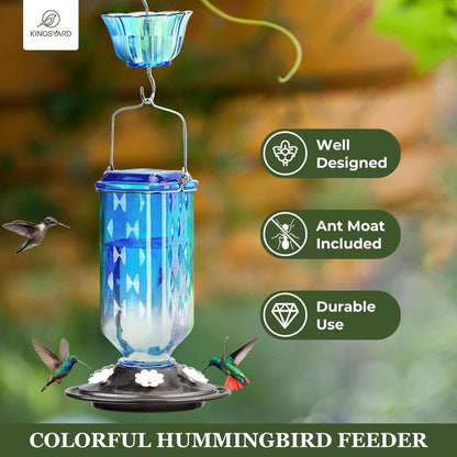 Kingsyard 2 Pack Glass Hummingbird Feeder for Outdoor Hanging, 24 Ounces, 6 Feeding Ports, Bird Nectar Feeder for Garden Décor, Ant Moat Included, Blue