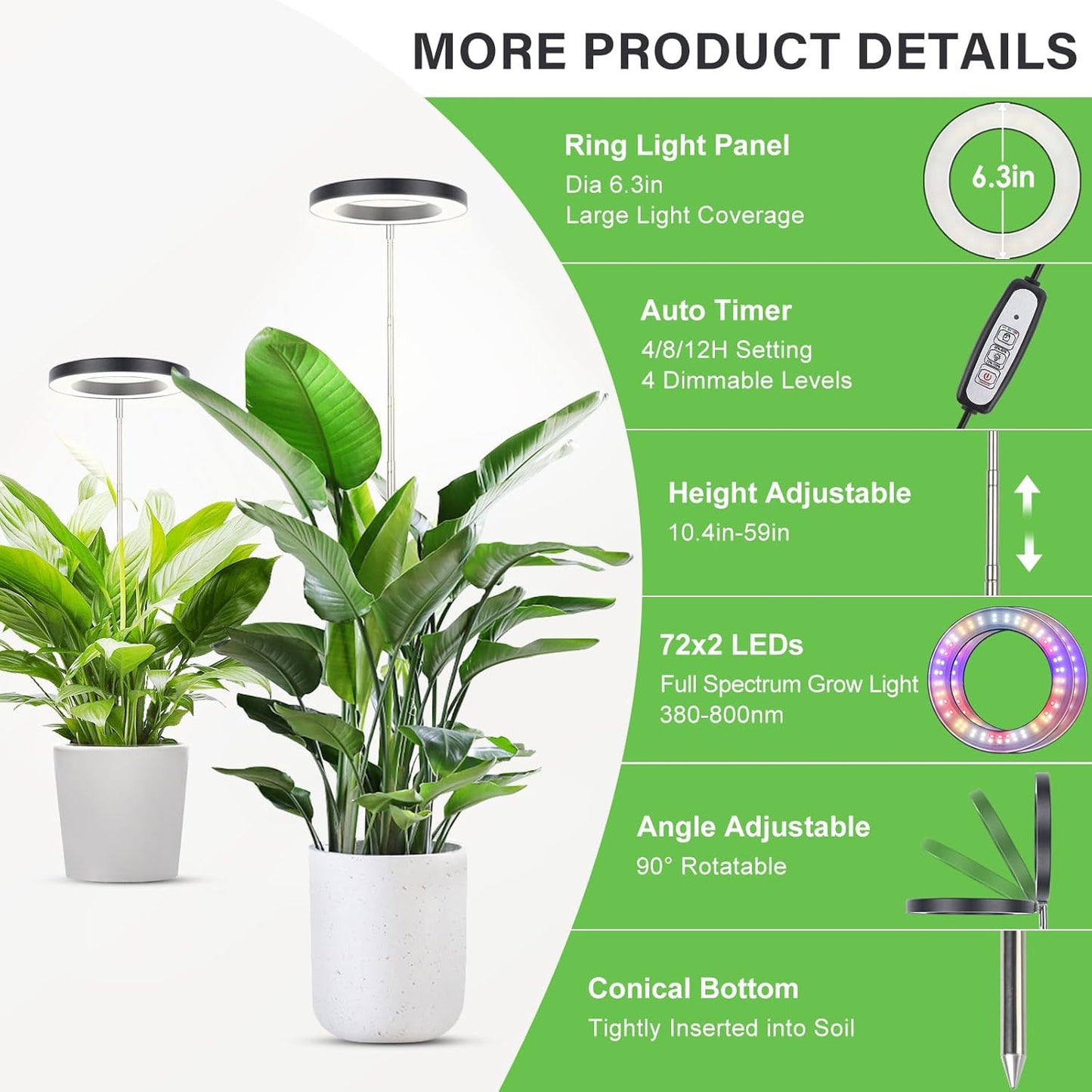 LBW Grow Lights for Large Indoor Plants, 144 LEDs Full Spectrum Plant Light, Growing Lamp with 4 Dimmable Levels, 4/8/12H Timer, 59in Height Adjustable, Halo Plant Lamp for Tall Plants, Black, 2 Pack
