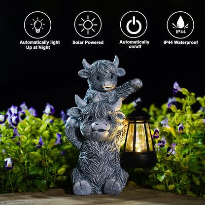 Goodeco 9.5 Inch Highland Cow with Solar Lantern – Resin Garden Decor, Outdoor Statue & Unique Highland Cow Gifts (Gray)