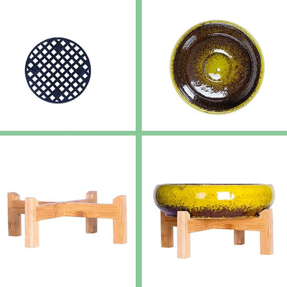 ARTKETTY Succulent Pots - 10 Inch Ceramic Bonsai Pots with Drainage Stand, Large Shallow Planters for Indoor Plants Glazed Cactus Flower Planter Container Bowl