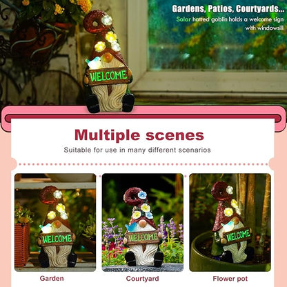 Solar Gnome with Wlecome Decor for Yard Decorations - 10 Inch Gnome Statue Decor for Outdoor,Perfect Garden Gifts for Women,Mom