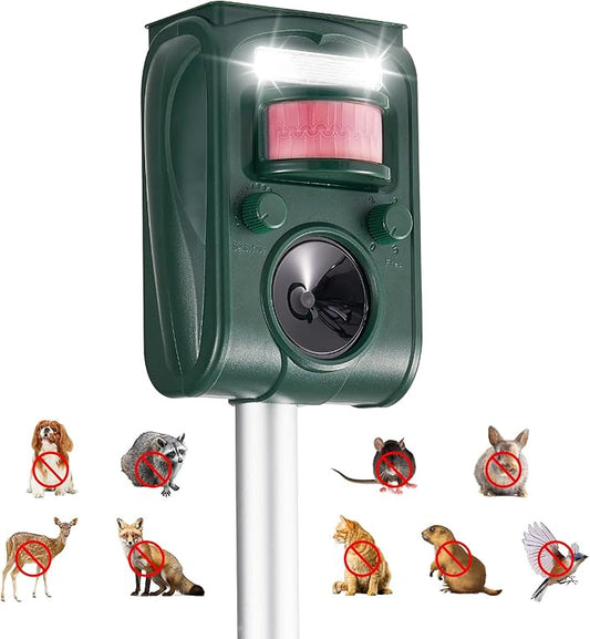 Upgraded Solar Ultrasonic Deer Repellent Devices Motion Detection 5 Adjustable Modes, LED Waterproof Cat Repellent Outdoor, Squirrel Raccoon Rabbit Dog Repellent Deterrent for Yard Farm Garden, 1P