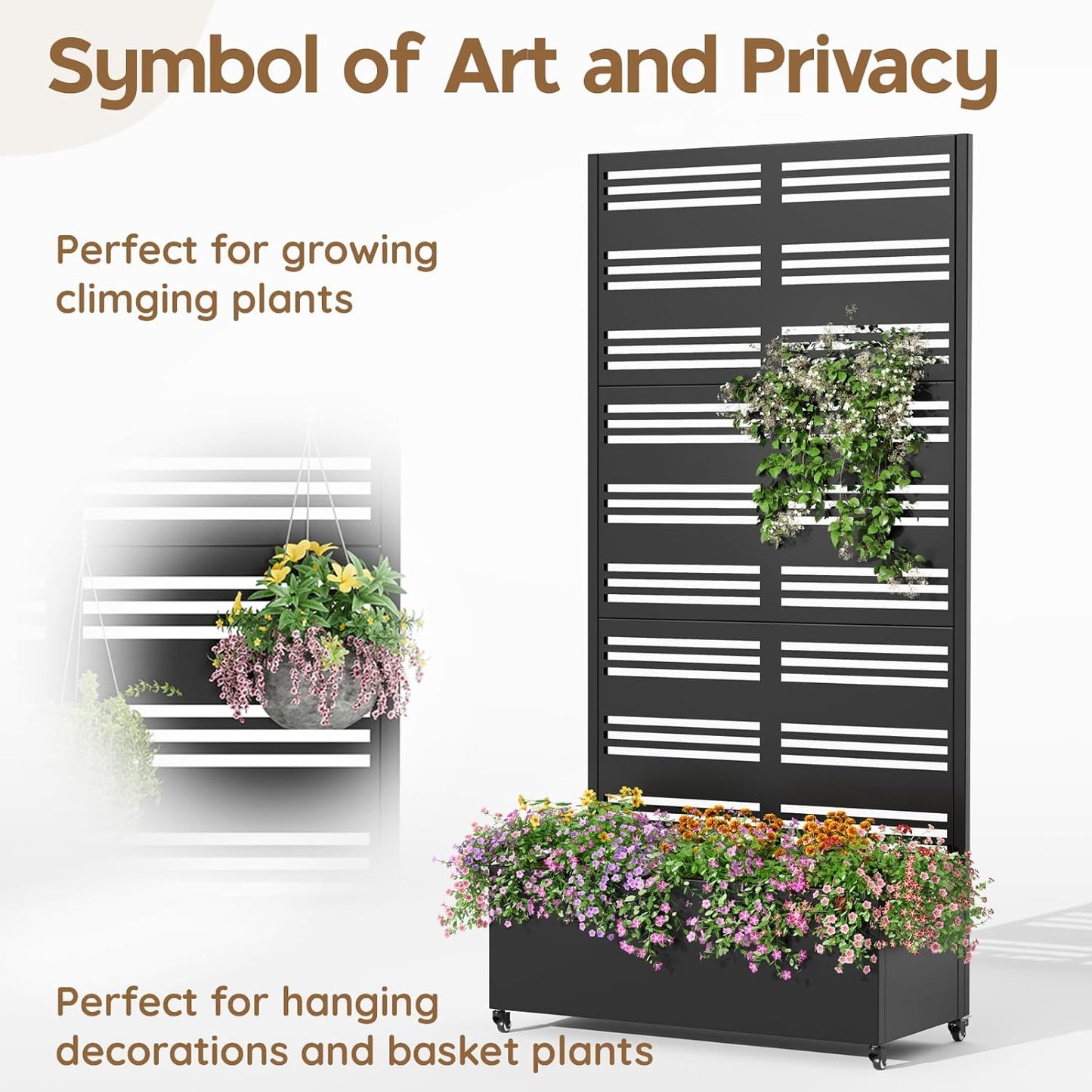 Metal Raised Garden Bed with Trellis & Wheels,72" x 35"x 15.7" Planter Box with Trellis,Privacy Planters for Patio,Garden Bed for Climbing Plants,Suitable for Climbing Plants and Vegetables,Black