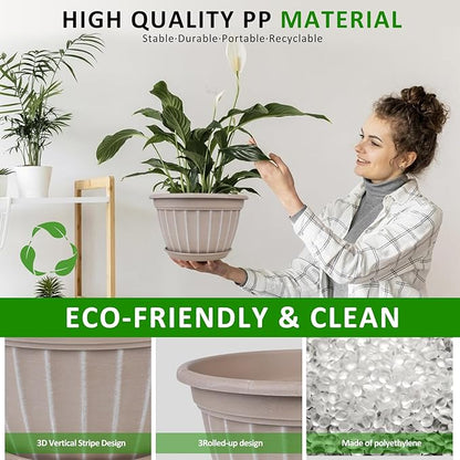 FGstyle 4 Pack Flower Pots,8 Inch Plants Pot,Planters Pot with Drainage Hole & Saucer,Modern Planters for Indoor Outdoor Plants,Decorative Resin Garden Pots for Outdoor Indoor Home Plants (Beige)