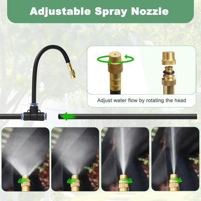65.6Ft 360° Adjustable Drip Irrigation System Kit, Automatic Garden Watering System with 20 Copper Nozzles, Atomizing Misting Watering System with 360° Bending Dropper for Plant Lawn Patio