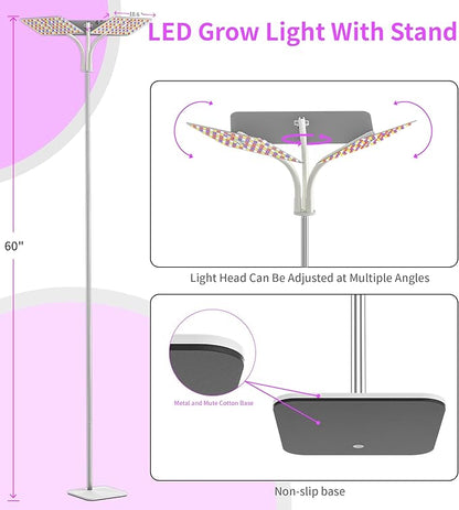KINGPLUS Grow Lights with Base, Three Heads, Full Spectrum LED Grow Light for Indoor Plants, 360 Leds, 4 Dimmable Levels, Timer 4/8/12h, 12-60inches Height Adjustable, 48w, Ideal for Desk Small Plants