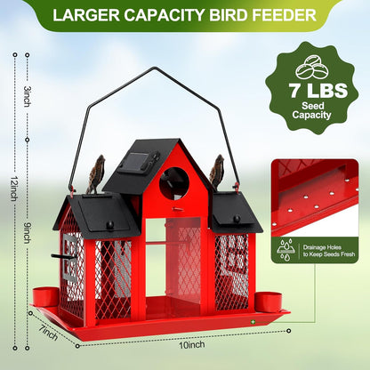 Solar Bird Feeders House for Outdoors Hanging, 7LBS Large Capacity Metal Wild Bird Feeder Squirrel Proof for Outside with Water Cup, Cardinal Birdfeeder Birdhouses Gift for Bird Lovers (Red)