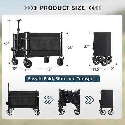 Favoyard Collapsible Wagon Carts Foldable 150L & 360LBS Portable Folding Wagons with All-Terrain Wheels & Brakes Heavy Duty Outdoor Utility Cart for Grocery Camping Shopping Sports Garden, Black