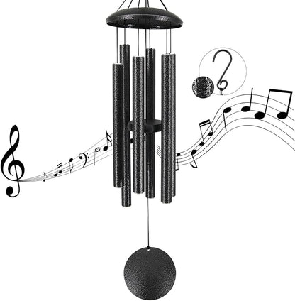 Sympathy Memorial Wind Chimes, 36' with 6 Metal Tubes, Outdoor Deep Tone for Garden, Christmas Hanging Decor - Black Grey