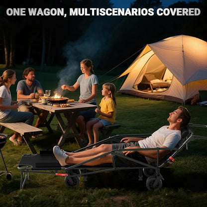 LEVELEVE Heavy Duty Folding Wagon - 2-in-1 Collapsible Cart, 650lb Capacity, All-Terrain Wheels w/Brakes & Side Pockets (Black)