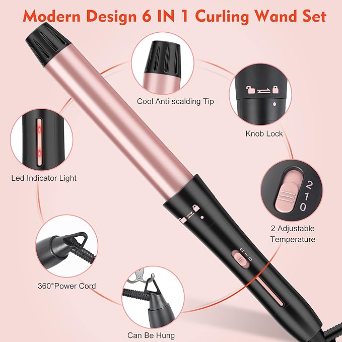 Curling Iron Set, USHOW 6 in 1 Curling Wand Set Hair Iron Kit Instant Heat Up Hair Curler with 6 Interchangeable Tourmaline Ceramic Barrels (0.35'' to 1.25'') Temperature Adjustments, with Gloves
