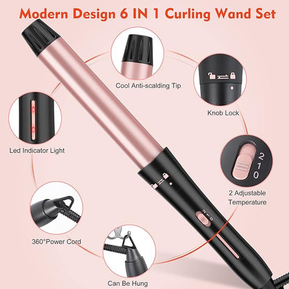 Curling Iron Set, USHOW 6 in 1 Curling Wand Set Hair Iron Kit Instant Heat Up Hair Curler with 6 Interchangeable Tourmaline Ceramic Barrels (0.35'' to 1.25'') Temperature Adjustments, with Gloves