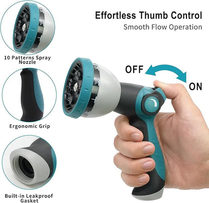 Hose Nozzle, Garden Hose Nozzle with 10 Spray Patterns, Thumb Control On Off Valve, Adjustable and Heavy Duty for Washing Car, Watering Plants, Washing Pets, and Home Use